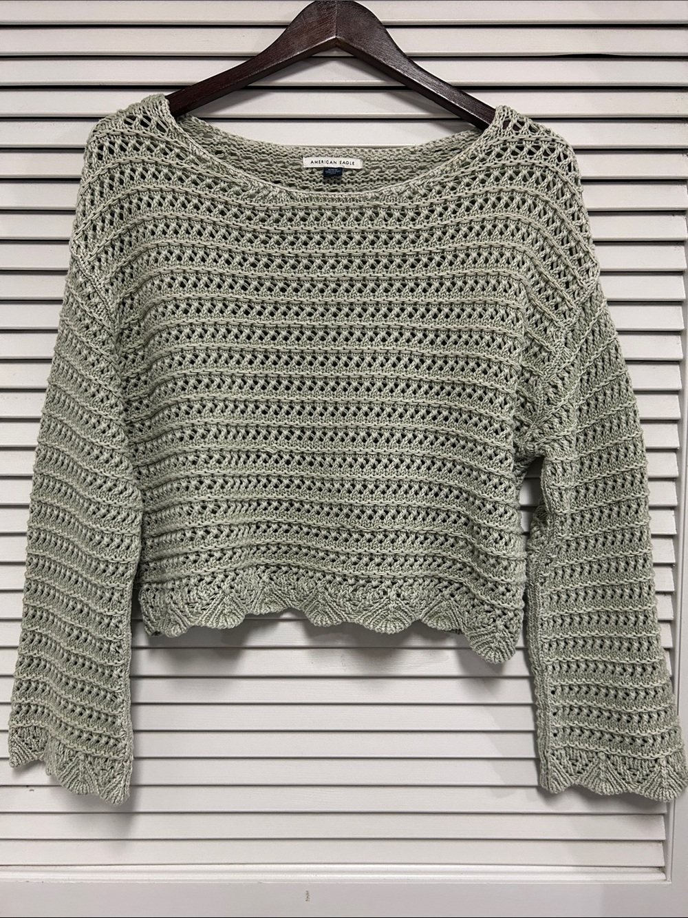 American Eagle Outfitters Sage Open-Knit Scallop Hem Sweater